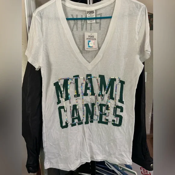 T-shirt Victoria's Secret PINK – Miami Hurricanes – Strass – Manches Longues – NEUF